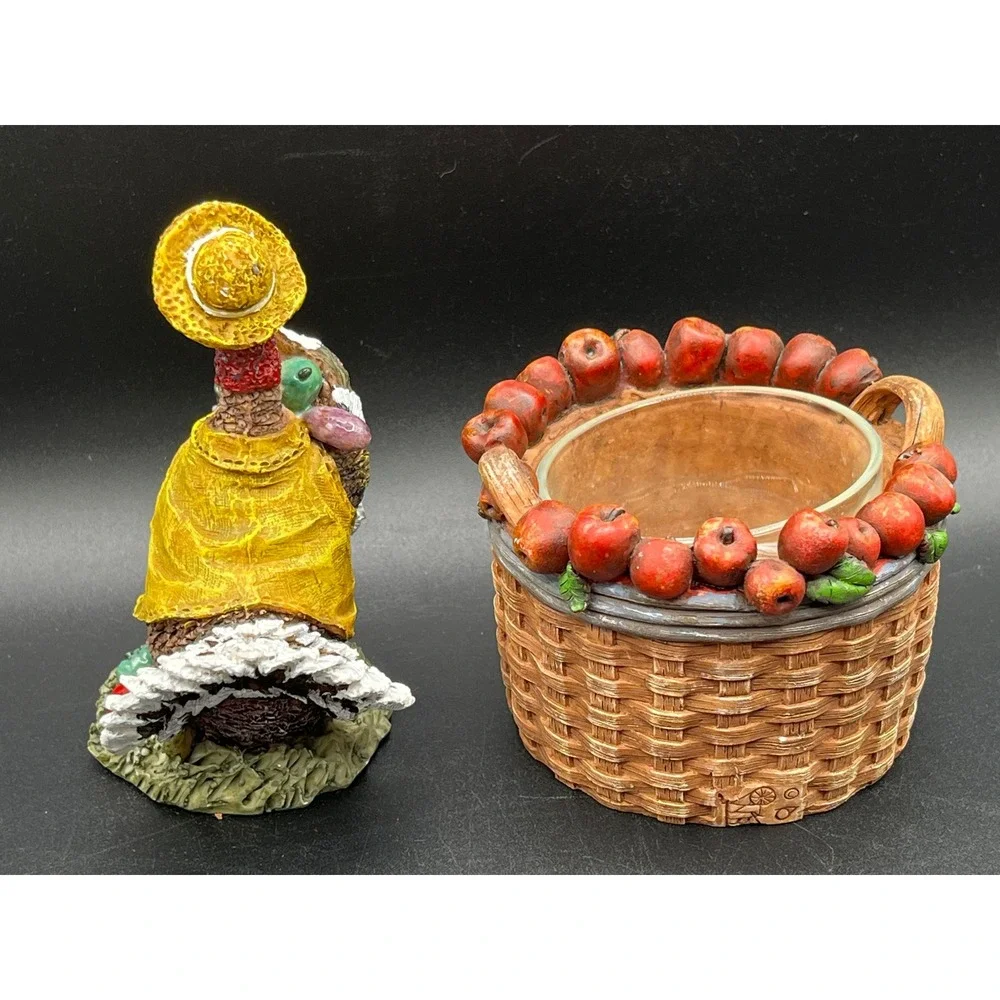 Homespun Country Thanksgiving Turkey Figurine Apple Basket Votive Holder Set